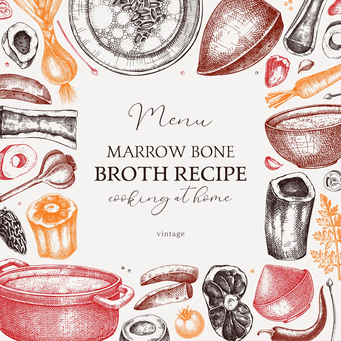 Healthy food background. Marrow bone broth frame. Hot soup on plates, pans, bowls, organ meat, vegetables, marrow bones sketches. Hand drawn vector illustrations. Homemade food ingredient Illustration